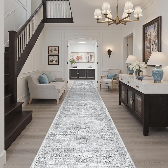 Soalmost Runner Rug 2'6" x 16' Washable Non-Slip 2.5x16 ft Long Runner Rugs for Kitchen Bathroom Laundry Room Vintage Ultra Thin Runners for Hallway Entryway Grey