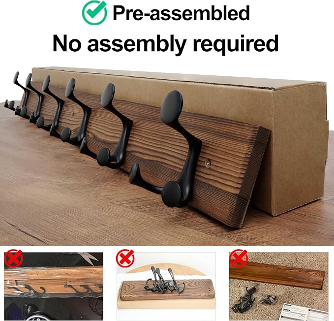 WEBI Coat Rack Wall Mount,36" Solid Wood Coat Hooks Wall Mounted Coat Hanger,16" Hole to Hole,Heavy Duty Hook Rack,6 Triple Hooks for Hanging Coats,Jacket,Hat,Backpack,Farmhouse,Brown
