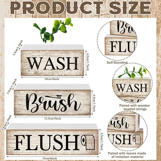 Moucuny 4 Pcs Farmhouse Table Decor Bathroom Wooden Signs Rustic Eucalyptus Leaves Wooden Block Sign Gift Wash Brush Flush Farmhouse Table Centerpiece for Living Room Housewarming Gift