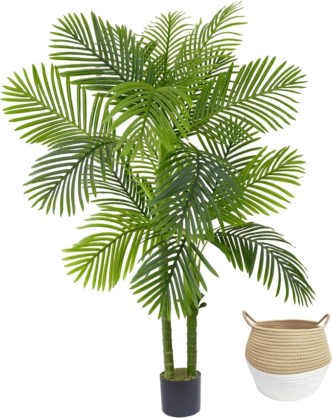 Warmplants Artificial Palm Tree, 5ft Golden Cane Faux Palm Plant with Basket, Large Phoenix Palm UV Resistant Fake Plants for Indoor Outdoor Home Garden Patio Office Décor