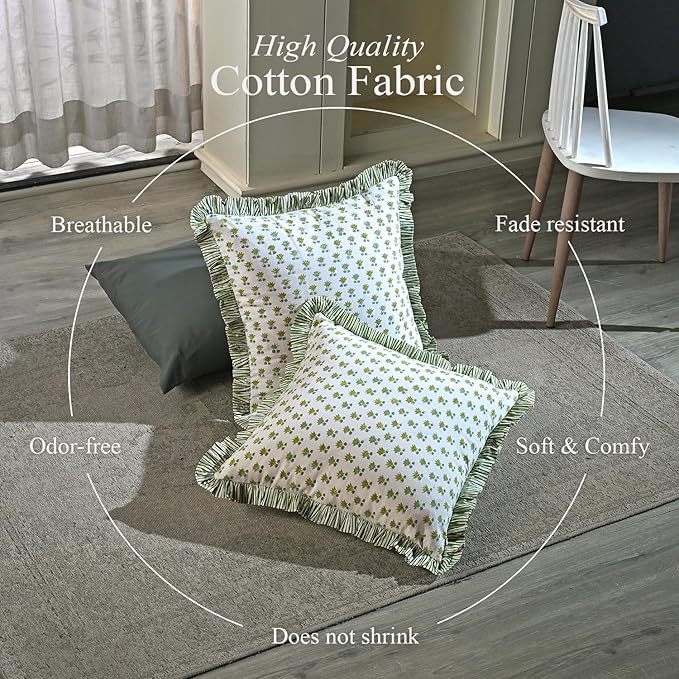 CPC Lotus Meadow Hand Block Print 100% Cotton Ruffle Throw Pillow Cover 20x20 inch with Hidden Zipper Decorative for Couch, Bed, Sofa, Farmhouse, Cottagecore Decor Gift Christmas Fall Thanksgiving
