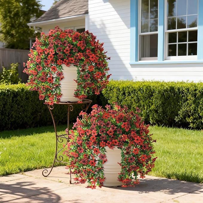 Artificial Hanging Baskets Outdoor, 4 Bundles Artificial Hanging Flowers Outdoors Spring Summer Decoration, No Fade Realistic Fake Hanging Baskets for Porch Patio Balcony Home Yard Decor