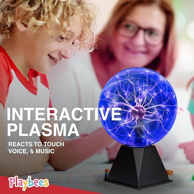 Playbees Blue Plasma Ball - 7 Inch - Tesla Coil Bulb Static Electricity in a Vacuum Pressurized Glass Globe, Nebula, Thunder Lightning, Plug-in - for Parties, Decorations, Prop, STEM