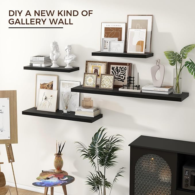 36" Wide x 8" Deep Floating Shelves for Wall, Black Finish, 2-Pack | Engineered Wood Wall Shelves with Invisible Brackets for Living Room, Bedroom, Bathroom, Office & Kitchen Storage