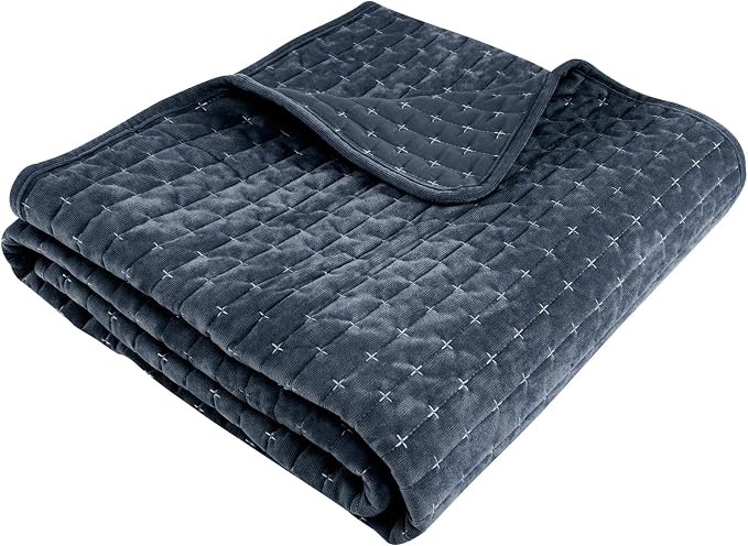 Levtex Home - Velvet Stitch Throw - Quilted Throw (50x60in.) - Velvet - Navy White - Reversible - Polyester