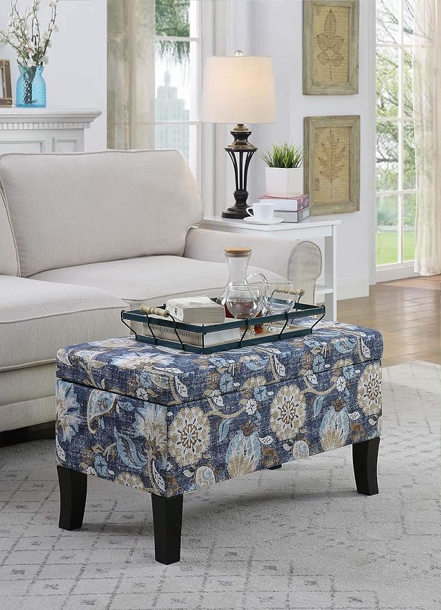 Convenience Concepts Designs4Comfort Winslow Storage Ottoman Bench 32" - Transitional Upholstered Footstool & Seat, for Living Room, Entryway, Hallway, & Bedroom, Indigo Flora Fabric