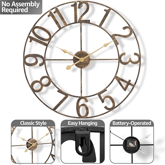 Sorbus Large Wall Clock for Living Room Decor - Wall Clock for Kitchen - 24 inch Big Wall Clock Decorative - Metal Wall Art - Analog Large Clock for Bedroom, Home, Kitchen, Office, Wall Decor (Bronze)