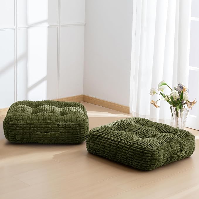 HIGOGOGO 6" Floor Pillow Cushion for Adults, Meditation Cushion Pillow, Blended Corduroy Cover, Large Square Floor Sitting for Tatami Living Room or Yoga, 2Pack, Dark Green