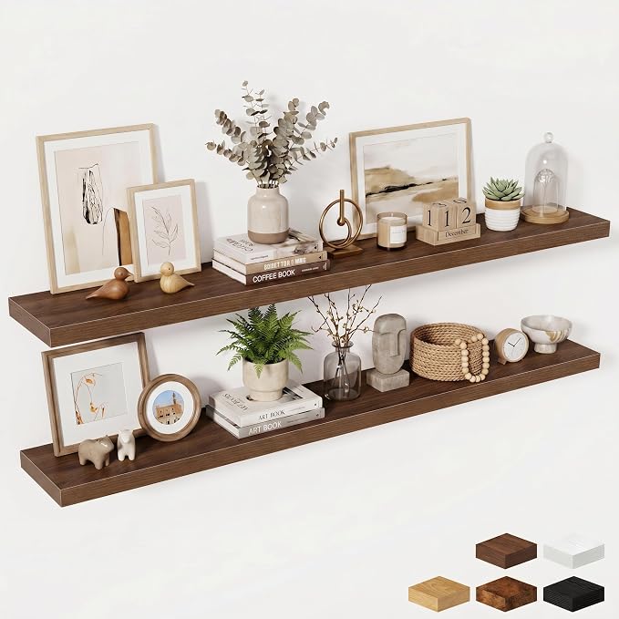Fun Memories 72 Inch Fireplace Mantel Shelf, 10 Inch Deep Shelves for Display & Wall Storage, Rustic Wood Wall Shelf, Extra Long Floating Shelves for Living Room Laundry Room, Walnut, Set of 2