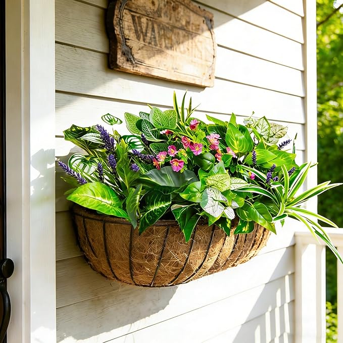 24 Pcs Artificial Plants for Outdoors Faux Greenery Leaves UV Resistant Realistic Plastic Large Bunches Shrubs Bushes with Flowers, Fake Plants Decor Outdoor for Front Porch Door Patio Garden Yard