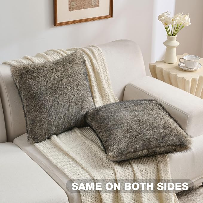 FUTEI Pack of 2 Faux Raccoon Fur Plush Throw Pillow Covers 18x18 Inch Soft Fluffy Farmhouse Decorative Cushion Case Modern Luxury Accent for Couch Bed Living Room, Gray Green