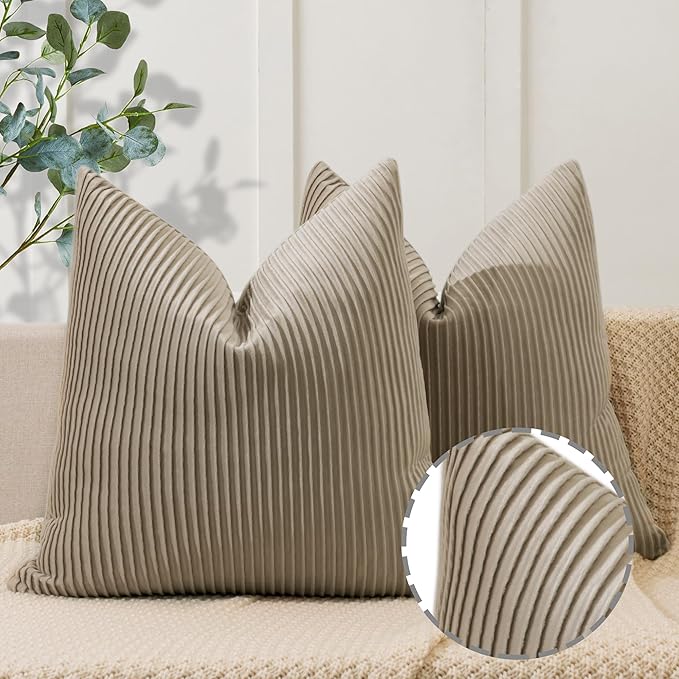YCOLL Khaki Pillow Covers 20x20 Set of 2 Velvet Striped Pattern - Soft Throw Pillows for Home Decor, Luxury Decorative Pillow Covers for Couch, Bed,Living Room