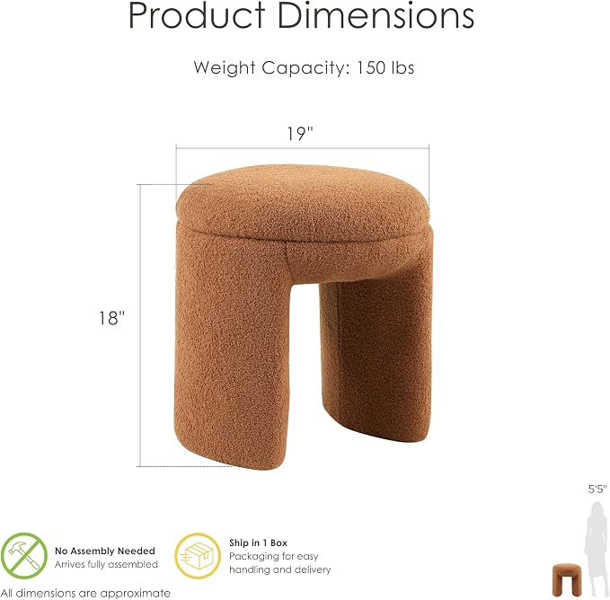 Furniture of America Rami Modern 18-inch Solid Wood Upholstered Ottoman with Pedestal Base, Vanity Stool Chair, Small Foot Stool for Bedroom, Living Room, Entryway, Saddle Brown