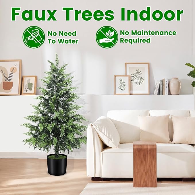 ENVEN Outdoor Artificial Topiary Cedar Tree Real Touch Faux Pine Evergreen Shrub Plant UV Resistant Greenery Tree with Pot Realistic Cypress Front Porch Decor (3FT-2Pack)