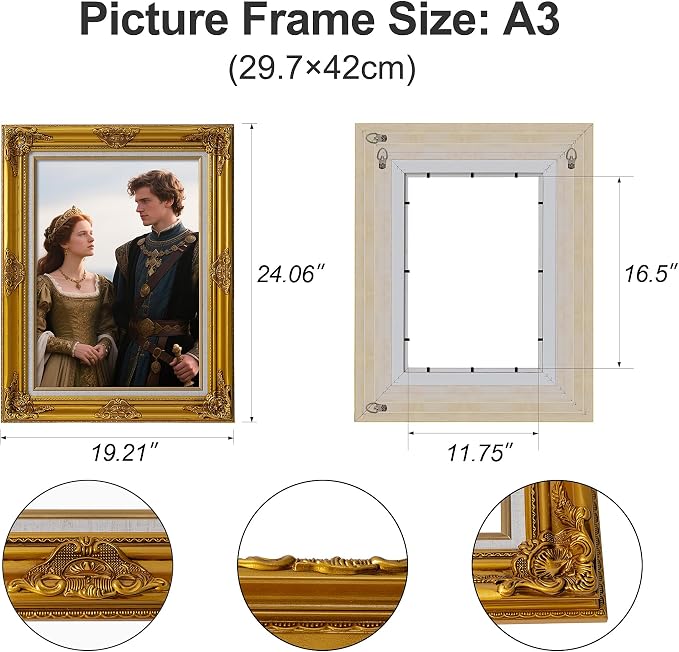 Classic A3 Picture Frames: Ornate Gold Poster Frames A3 for Canvas Photo Painting, Artwork, Wooden Antique Gallery Wall 11.75x16.5 Frames without Acrylic Glass and Backing