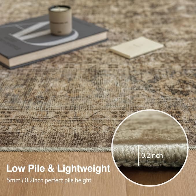 FMFUNCTEX 6x9 Washable Area Rug Brown Vintage Neutral Distressed Large Non Slip Carpet for Living Room Bedroom Soft Low Pile Indoor Mat Retro Floral Throw Rug for Dining Room Kitchen Office Nursery