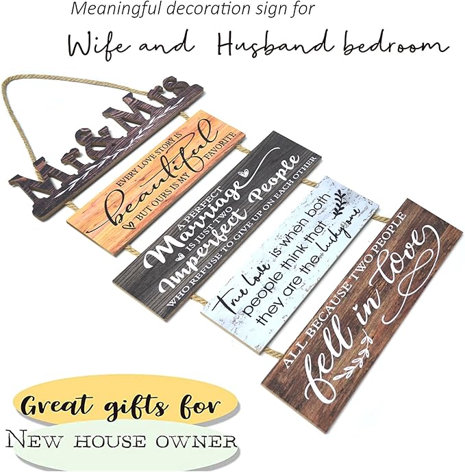 Mr & Mrs Rustic Wall Collage Sign with 5pcs Panels Strung Together - Marriage Wedding Engaged Anniversary Shower Farmhouse Distressed Wall Decor - Sweet Warming Gifts for Wife Husband Couples
