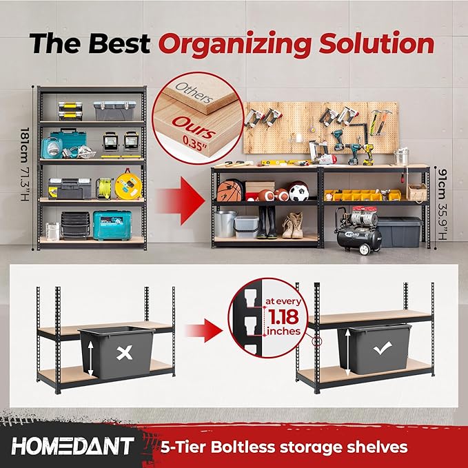 HOMEDANT 47.7" W Deep 5 Tier Heavy Duty Garage Shelving Adjustable Metal Rack Storage Shelves Standing Shelf Unit Organizers Industrial Warehouse Basement Black 1Pack