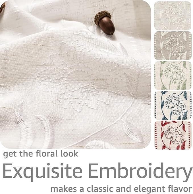 jinchan Winslow Linen Curtains for Bedroom 63 Inches Length Embroidered Bordered Floral Curtains for Living Room Farmhouse Decor Light Filtering Window Treatments White on White Drapes 2 Panels