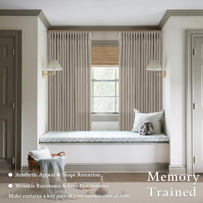 Pinch Pleated Linen Curtains 54 Inch Long for Kitchen with Rings Hooks Back Tab Light Filtering Farmhouse Short Semi Sheer 54 Inch Curtain for Dining Room Bedroom Small Window Burlywood Birch W50xL54