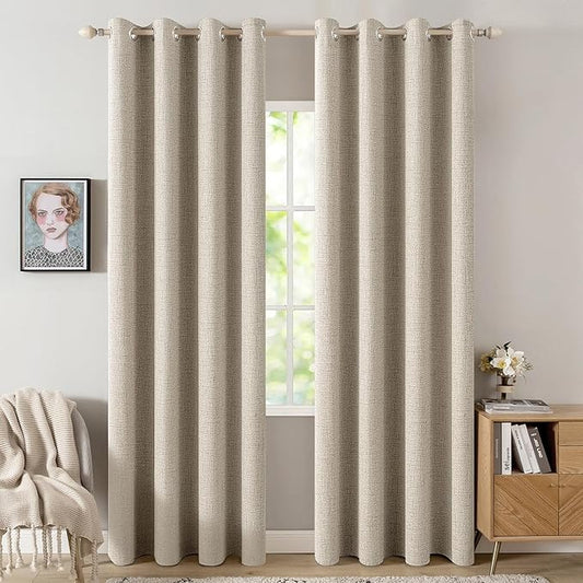 MIULEE 100% Blackout Linen Curtains for Bedroom Thermal Insulated Stone Grommet Room Darkening Curtains & Drapes Fall Decor for Living Room Nursery 52 x 96 Inch (2 Panels)