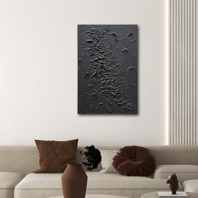 NANKAI Art Hand-Painted Black Thick Textured Abstract Painting Contemporary Minimalist Canvas Art Oil Painting Home Office Wall Decoration, 36x24 inches