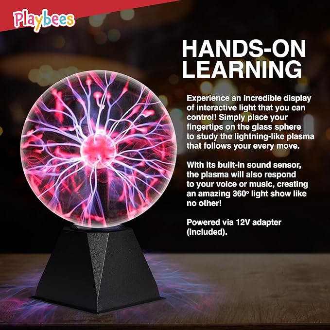 Playbees Red Plasma Ball - 7 Inch - Tesla Coil Bulb Static Electricity in a Vacuum Pressurized Glass Globe, Nebula Thunder Lightning, Plug-in - for Parties, Decorations, Prop, STEM
