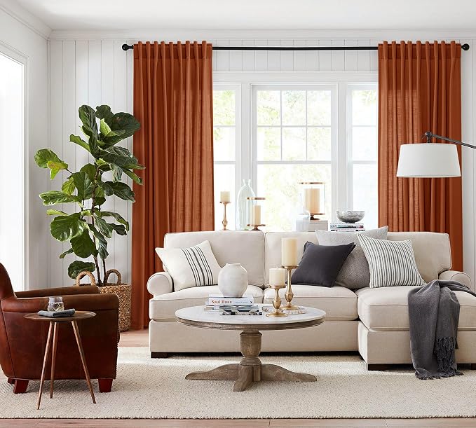 Jowels Terracotta Linen Curtains 86 Inch Long 2 Panels for Living Room | Burnt Orange Light Filtering Semi Sheer Curtain,Back Tab Pocket Pleated Look,Boho Textured Privacy Drapes for Bedroom Window