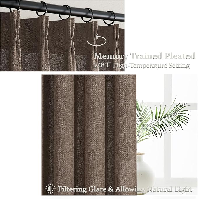 Extra Long 108 Inch Dark Brown Floor to Ceiling Curtains for Living Room, Memory Shape Pinch Pleated Thick Linen Modern Curtain Light Filtering Semi Sheer Luxury Window Drapes 9FT Length 2 Panels Set