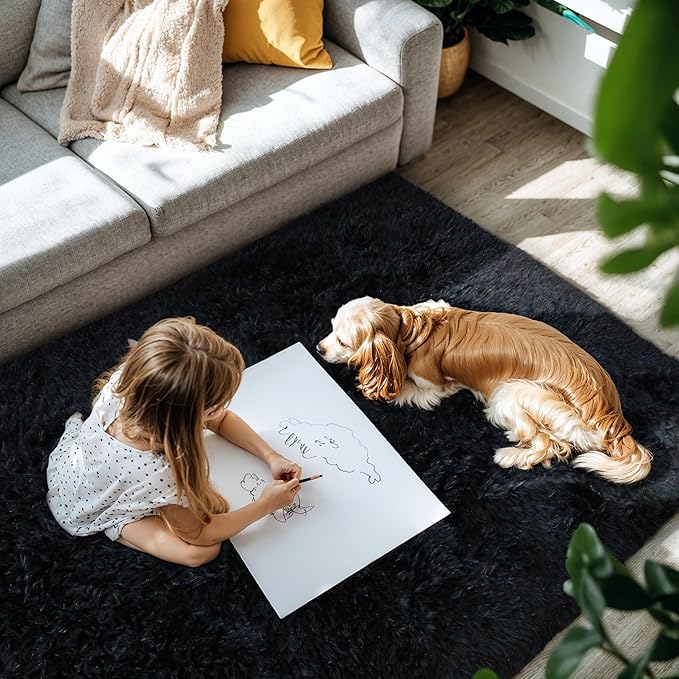 KCHOWUA Thick Area Rug Black Fluffy Shag 5x8 for Bedroom, Ultra Soft Plush Shaggy Fuzzy Carpet, Thickened Washable Non-Slip Cozy Furry Rug for Living Room, Kids, Girls Boys Baby Nursery, and Dorm