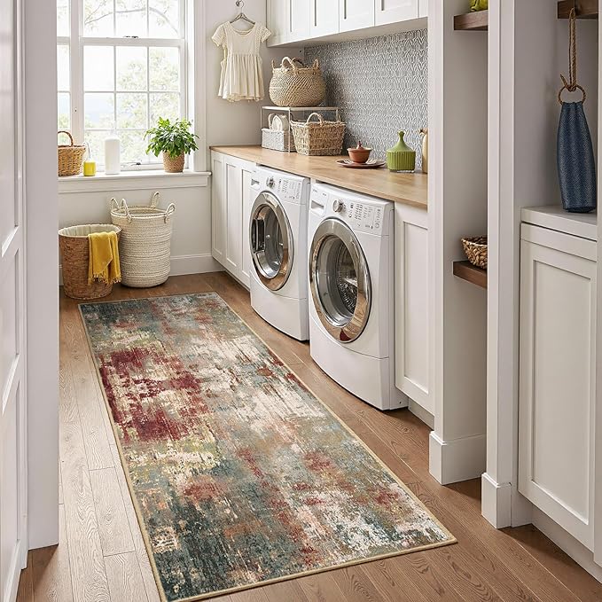 RELEANY Washable Area Rugs 2'x6' Non-Slip Modern Abstract Soft for Living Room Entryway Bedroom Nursery, Print Pattern, Brown Rust Red Green Blue Multi