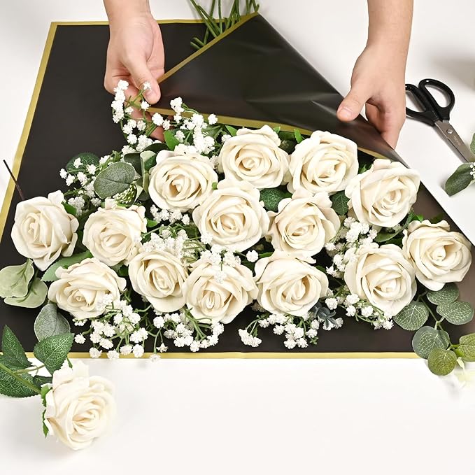 Waipfaru 50 Pcs Champagne Yellow Roses, Fake Roses Artificial Velet Flowers for Valentines Mothers Day Wedding Centerpieces Decor (Champagne)