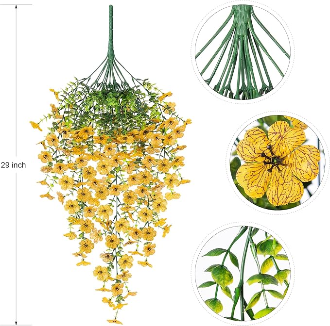 Ammyoo Artificial Hanging Flowers for Outdoors Faux Plants Decoration, 2 Packs Fake Silk Daisy Flower Realistic Outdoor Flowers UV Resistant Porch Patio Window Yard Outside Decor(Yellow)