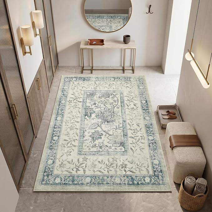 GarveeHome Vintage Blue Washable 4x6 Rug Cottage Core Retro Farmhouse Low-Pile Stain Resistant Non-Slip Rugs for Bedroom Living Room Entryway Nursery Kitchen TPE Backing