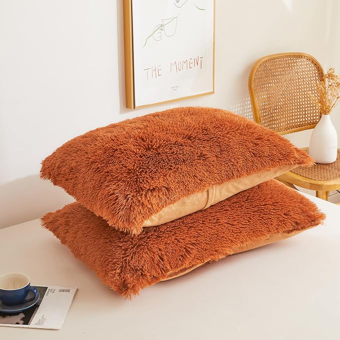 XeGe Fluffy Faux Fur Duvet Cover Set, Luxury Ultra Soft Plush Shaggy Terracotta Bedding Set 3 Pieces Velvet(1 Fuzzy Comforter Cover + 2 Furry Pillow Cases), Zipper Closure (Queen, Burnt Orange)