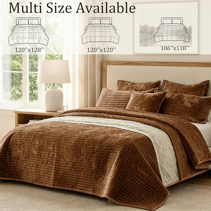 Luxury Velvet Oversized King 120x128 in Quilt Set 3 Piece Quilted Bedspread with 2Pillow Shams(20x36) Ultra Soft Coverlet All Season Bedding for Farmhouse Modern Bedroom Sofa,Caramel
