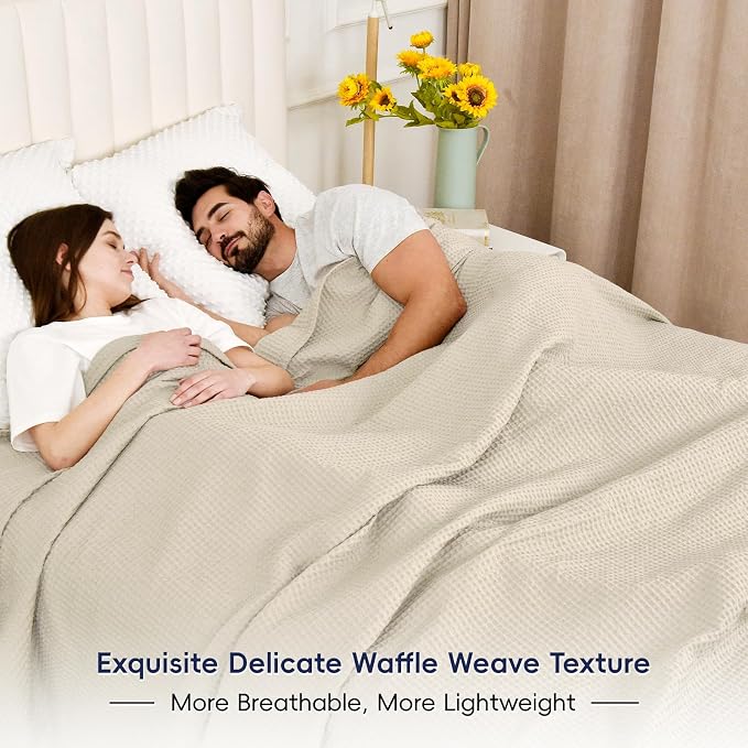 PHF 100% Cotton Waffle Weave Family Blanket Oversized King 120"*120",Pre-Washed Lightweight Breathable for Spring Summer,Machine Washable,10'x 10' Huge Extra Large Big,Home Decoration Gift-Linen/Stone