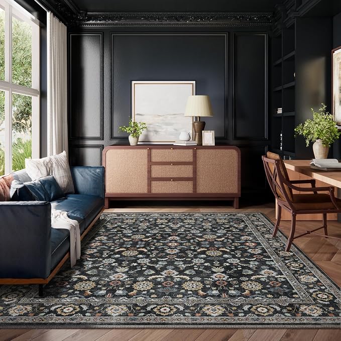 Washable Area Rugs for Living Room: 8x10 Bedroom Rug Vintage Boho Area Rug Stain Resistant Non Slip Low Pile Lightweight Soft Carpets for Living Room Dining Room Kitchen Nursery Kids Room Farmhouse