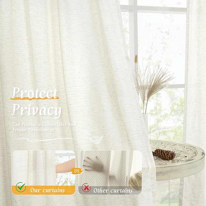 LAMIT Natural Linen Blended Curtains 63 Inch for Bedroom, Light Filtering Semi Sheer Living Room Curtains Farmhouse Boho Rod Pocket Privacy Drapes for Dining Room, 2 Panels (52 x 63 Inch, Cream)