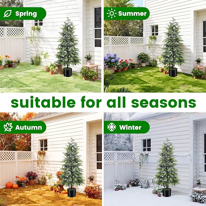 ENVEN Outdoor Artificial Topiary Cedar Tree Real Touch Faux Pine Evergreen Shrub Plant UV Resistant Greenery Tree with Pot Realistic Cypress Front Porch Decor (5FT-2Pack)