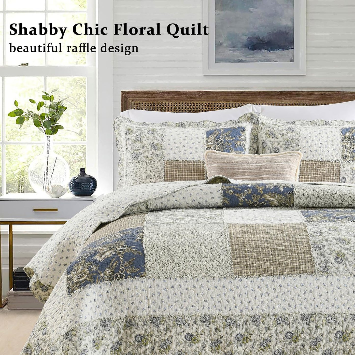 Yvooxny Quilt Set King Size Reversible Country Farmhouse Floral Real Patchwork Quilted Bedspread 3-Piece Quilt Set with Pillowcases with Ruffles for All Seasons, 96 x 108 Inches