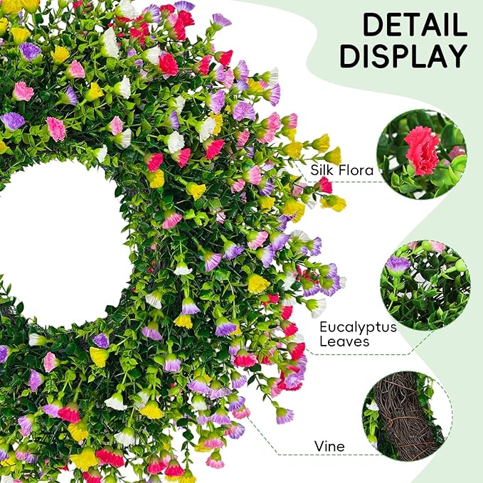Spring Wreaths for Front Door, 24 Inch Large Farmhouse Colorful Cottage Wreath, Extra-Full 378 Silk Artificial Carnation Floral Wreath, Blossom & Greenery Hanging for Porch, Home Summer Decorations