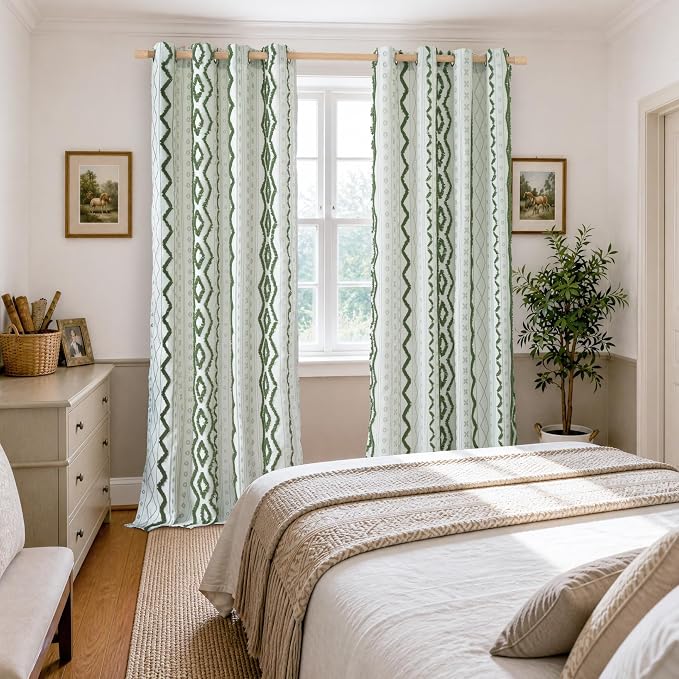 BGment Green Boho Curtains with Tufted Pom Stripe Geometric, Linen Jacquard Pattern Drapes with Grommet for Living Room Bedroom Light Filtering, 52 X 84 Inch, 2 Panels