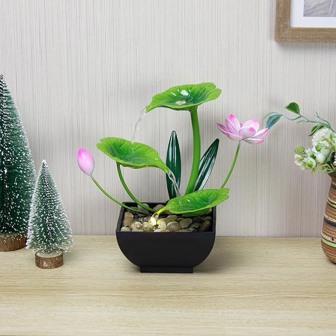Water Fountain Indoor Waterfall Fountain 3-Tier Tabletop Fountain Lotus Desk Relaxation Home Decor Including Lots of Rocks and Soothing Sound Machine (Green 1)