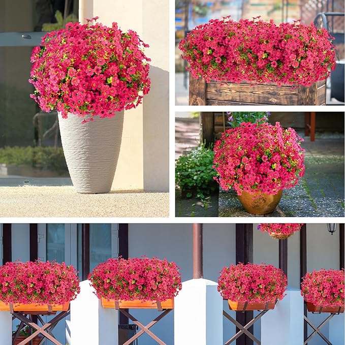 MERIXMAS 24 Bundles Artificial Flowers for Outdoors Decorations, Fake Flowers Artificial Plants Outdoor, Colorful Daisy Eucalyptus Realistic UV Resistant for Garden Patio Porch Home Decor, Rose Red