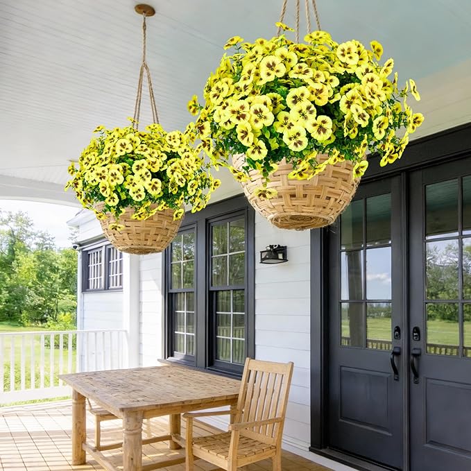 24 Pcs Artificial Fake Pansy Flowers for Outdoor,Faux Silk Plants Flowers UV Resistant Pansies Spring Flowers for Planter Front Door Porch Yard Patio Garden Window Box Home Decor(Yellow)