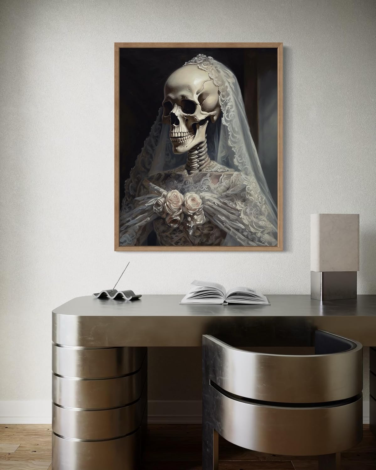 Skull Gown Poster Art Print, Halloween Scary Vintage Wall Art Academia Spooky Painting Decoration for Horror Prints, Gothic Posters Bedroom Decor 89 (Skull Gown, 16 x 20 inches, Wood Frame)