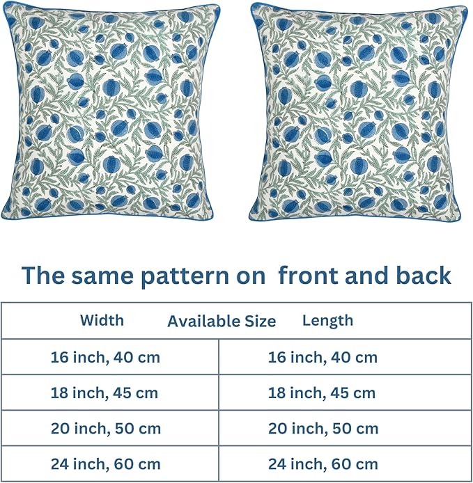 Ridhi Block Print Queen Blue Pillow Cover 24" x 24" (Pack of 2) Decorative Couch Pillows for Living Room, Chic Boho Cute Outdoor Pillows Covers Gifts for Spring, Easter and Valentine