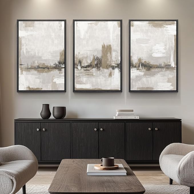 Large Framed Neutral Abstract Wall Art for Living Room, 3 Piece Gray Beige Canvas Artwork for Walls, Modern Minimalist Abstract Prints Paintings Pictures for Hallway Home Office Wall Decor, 24x36 In
