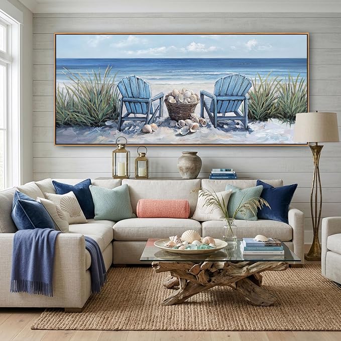 HGUAOA Coastal Wall Art - Large Landscape Wall Pictures for Living Room, Bedroom Pictures, Ocean Beach Artwork, Blue Above Bed Decor, Coastal Landscape Wall Art,Framed Beach Pinting